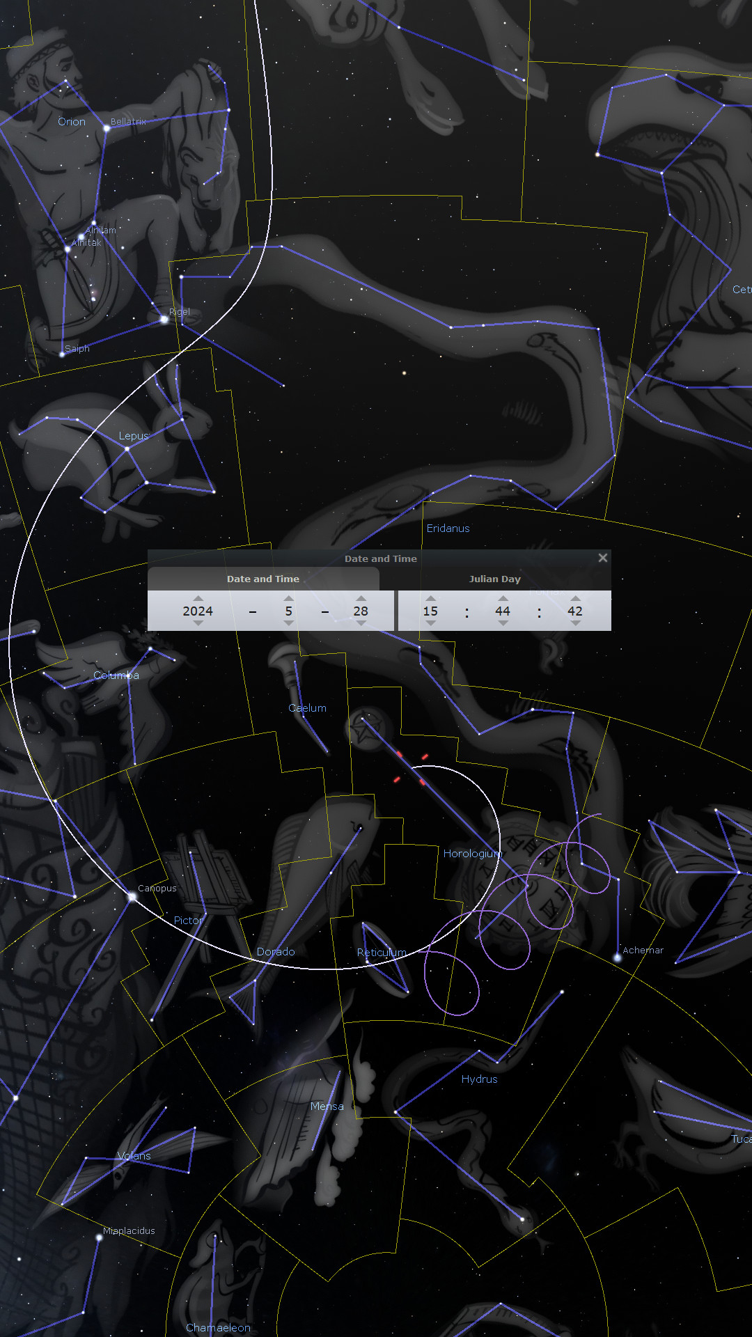 A detailed star map showing various constellations, depicted as ancient figures, set against a dark sky filled with stars. Prominent foreground includes an interface displaying Julian date and time as May 28, 2024, 15:44:42. Constellation names like Orion, Lepus, and Tucana are clearly labeled.