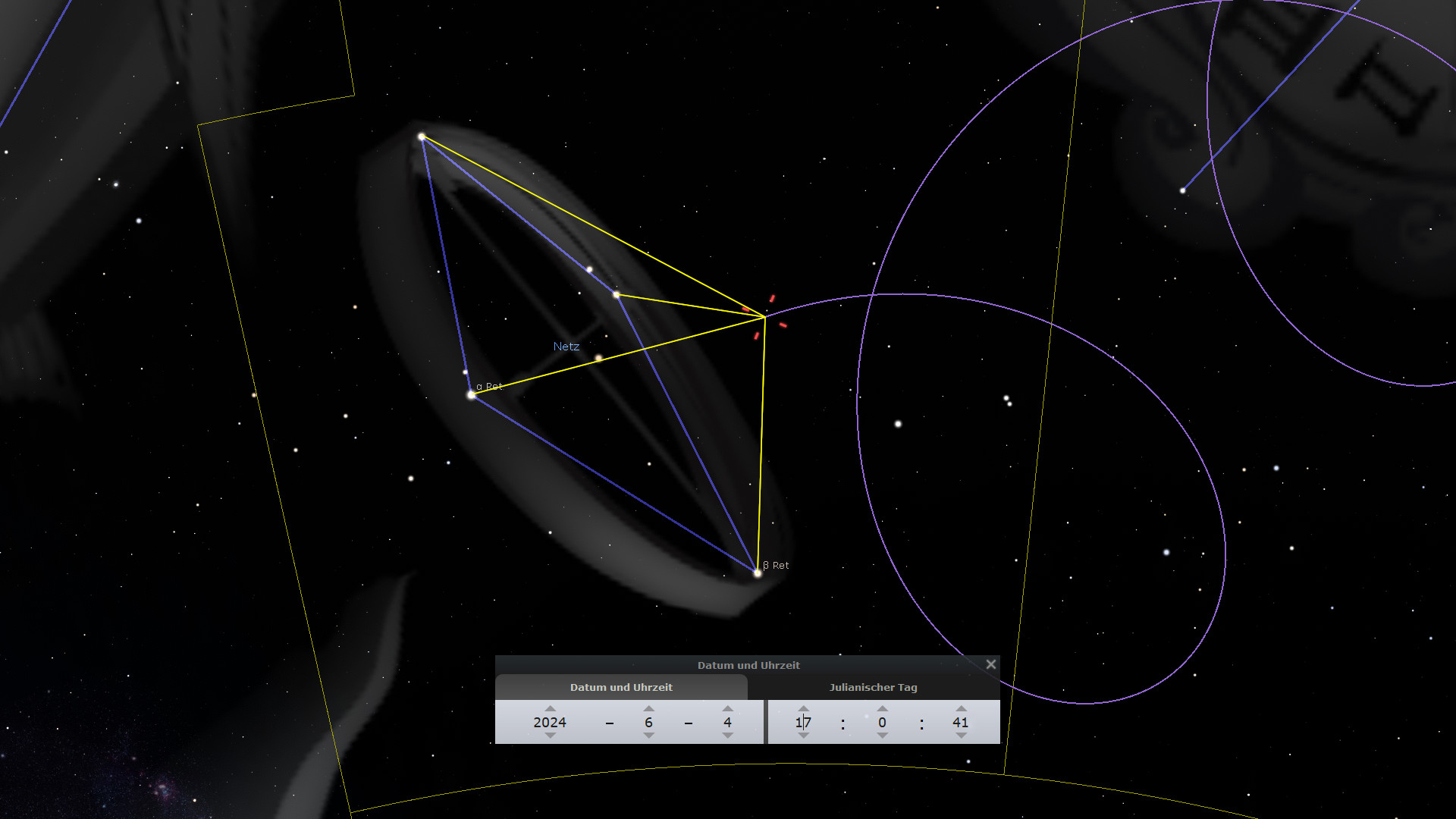 Visuelle Darstellung eines astronomischen Simulationsprogramms mit mehreren überlagerten geometrischen Linien und Symbolen, die himmlische Positionen und Bewegungen um den 4. Juni 2024 darstellen. Im Vordergrund sind technische Bedienelemente und Informationen zum julianischen Tag und zur Uhrzeit sichtbar.