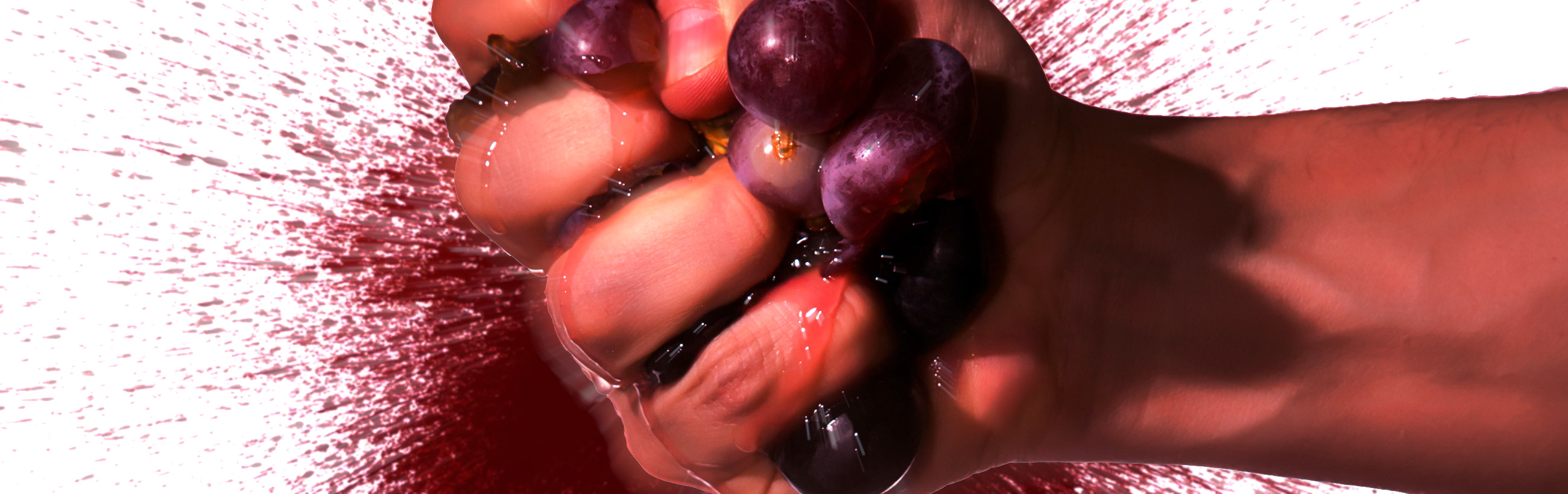 A close-up image of a hand clutching a cluster of dark grapes, with water droplets visible on the skin and grapes against a vividly textured pink backdrop, reminiscent of the vibrant nebulas in space.