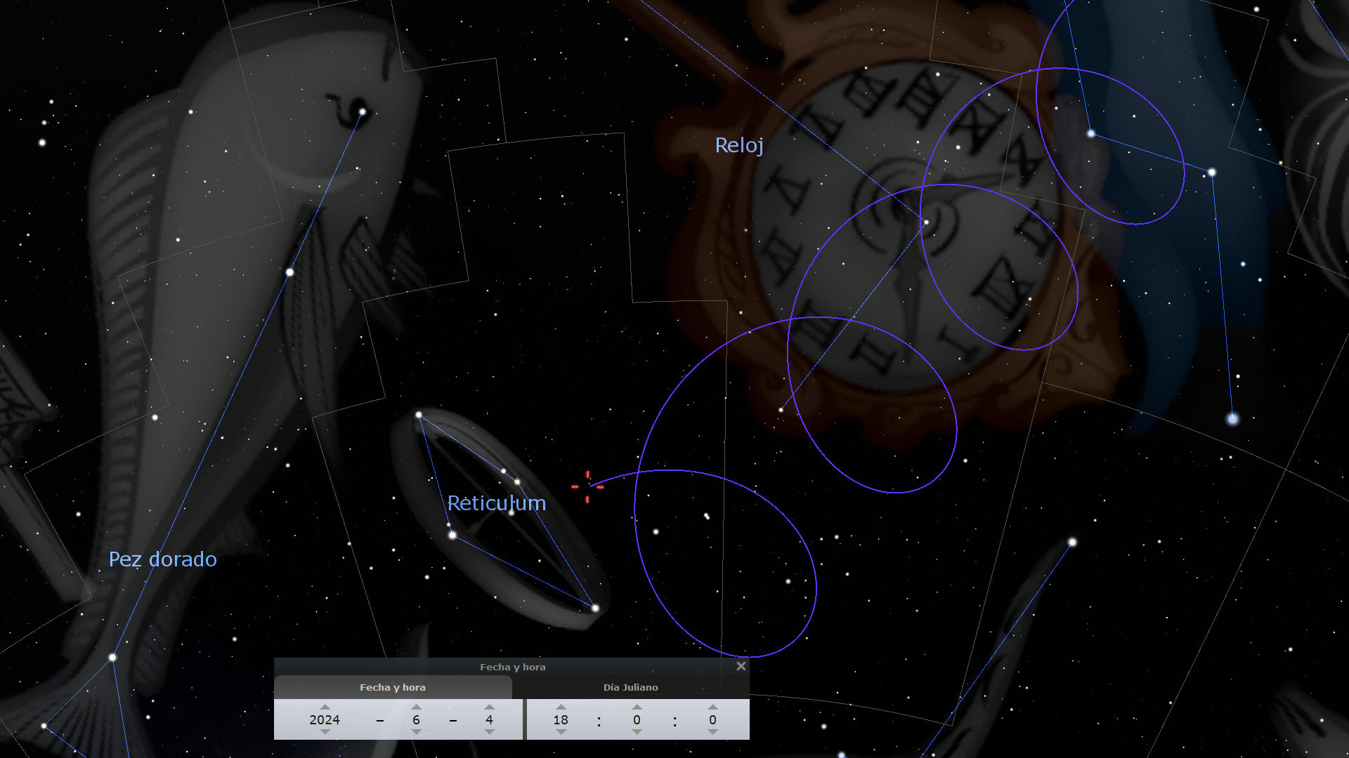 Ilustración digital de un cielo nocturno estrellado con superposiciones que representan configuraciones celestiales como "Pez dorado" y "Reticulum", junto con un elemento que se asemeja a un reloj antiguo con números romanos. Linas en colores que conectan puntos, simulando las conexiones entre estrellas de cada constelación.