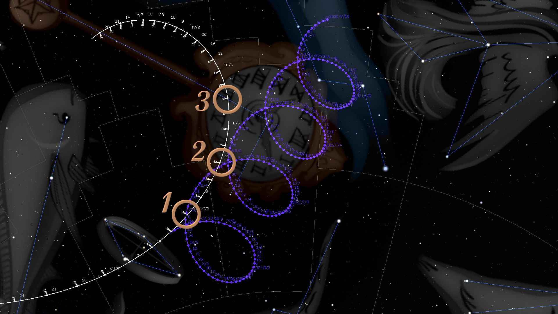 An abstract cosmic illustration featuring celestial elements such as constellations linked by blue lines against a dark starry sky, oversized digits floating across the space, and astronomical tools like sundials and constructs resembling ancient orbital models.
