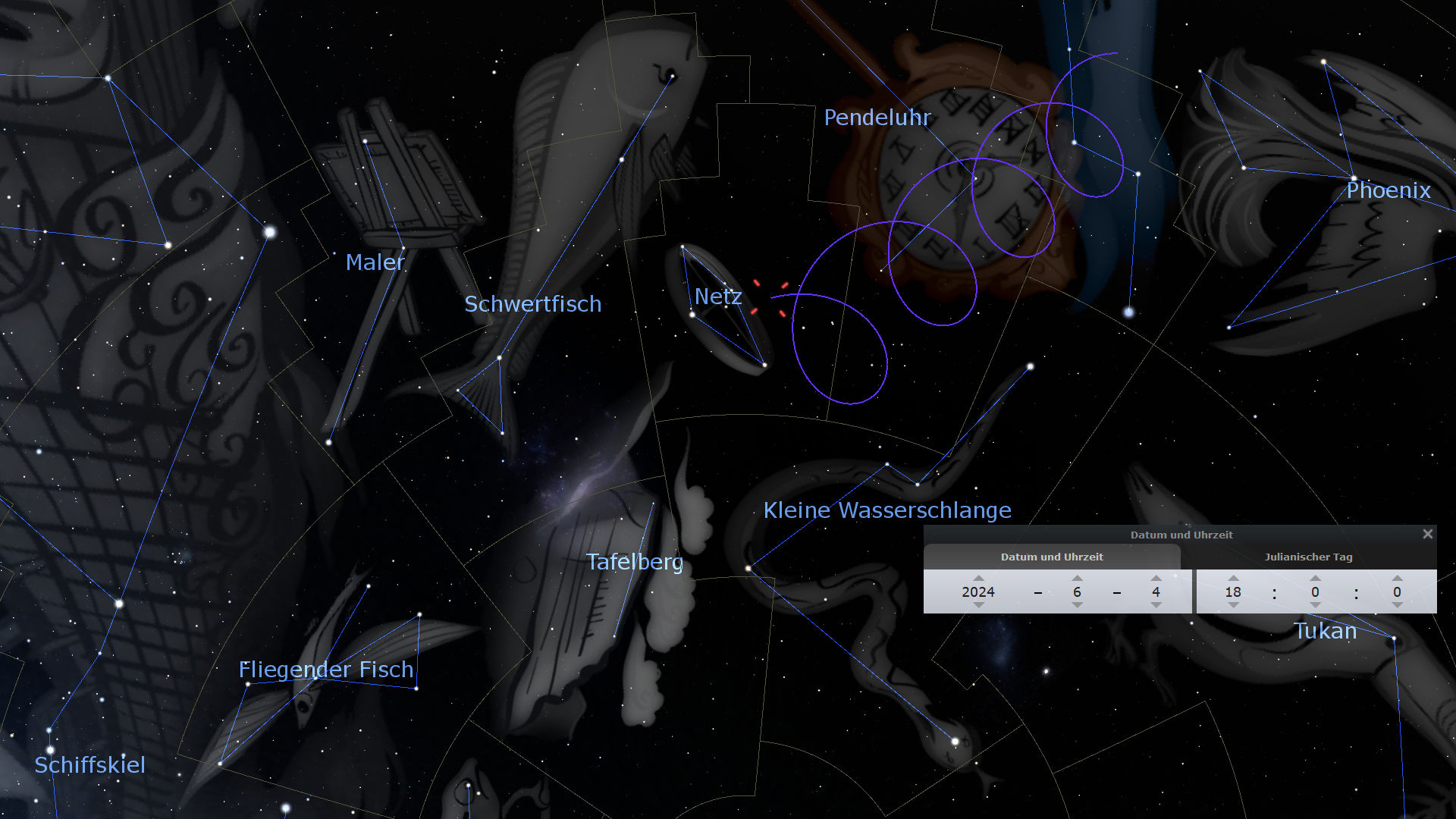 Eine visualisierte Darstellung des Sternenhimmels bei Nacht, die verschiedene Sternbilder zeigt. Markierungen und Namen wie Maler, Schwertfisch und Phönix sind sichtbar, verbunden durch Linien, die die Sternkonfigurationen darstellen. Anzeige von Datum und Uhrzeit im Bild zeigt den 4. Juni 2024, 0 Uhr julianischer Zeit.