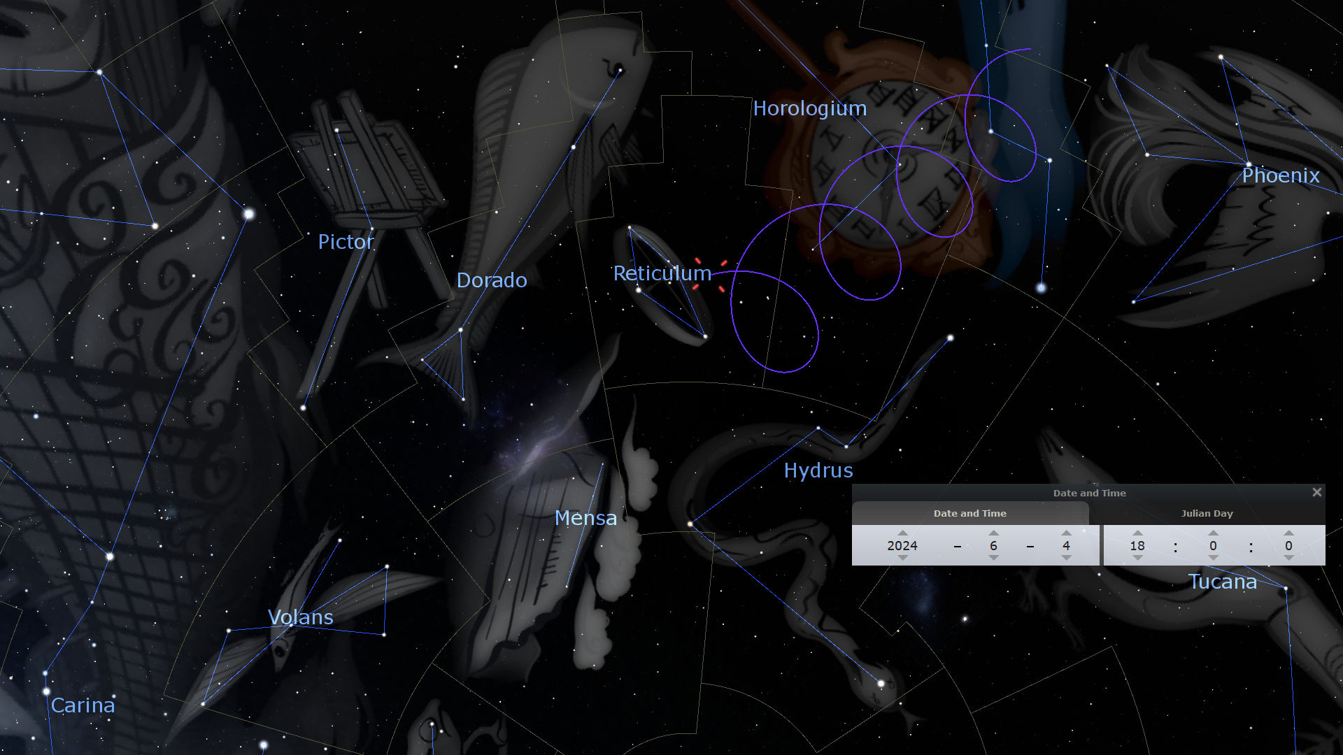 A digital illustration displaying various celestial formations mapped against a starry sky backdrop. Each formation is connected by blue lines to outline structures resembling objects and mythical creatures. Annotations name each formation, such as "Hydrus" and "Tucana." An overlay includes a date and time setting, suggesting observation of these celestial patterns.