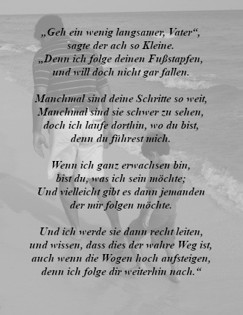 Image of a poem written in German on a textured gray background, expressing a child's admiration and desire to follow in their father's footsteps, metaphorically discussing guidance and life paths without literal or direct astrological references.
