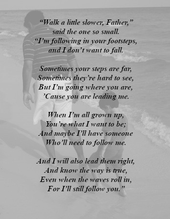 A grayscale image of footprints in the sand leading towards the ocean. Overlaid text is a poem about a child promising to follow in their father's footsteps, regardless of life's challenges. The atmosphere is contemplative and serene.