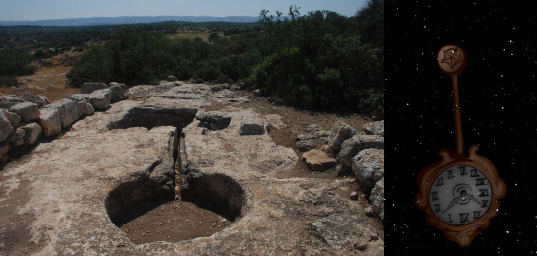 A panoramic view of an ancient archaeological site with exposed rock formations and a deep, circular pit under a bright sky on the left side, juxtaposed with an image of a pendulum clock with Roman numerals floating in a starry night sky on the right side.