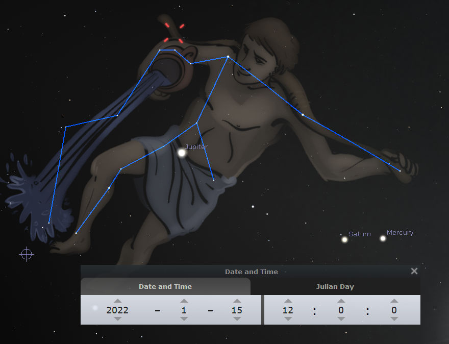A digital depiction of a constellation from the Mazzaroth, resembling a human figure pouring water from a large vessel, set against a starry night sky. The illustration includes lines connecting stars to outline the figure, with labels such as Jupiter, Saturn, and Mercury visible near respective stars. A graphical interface shows the date set to January 15, 2022, with Julian Day noted.