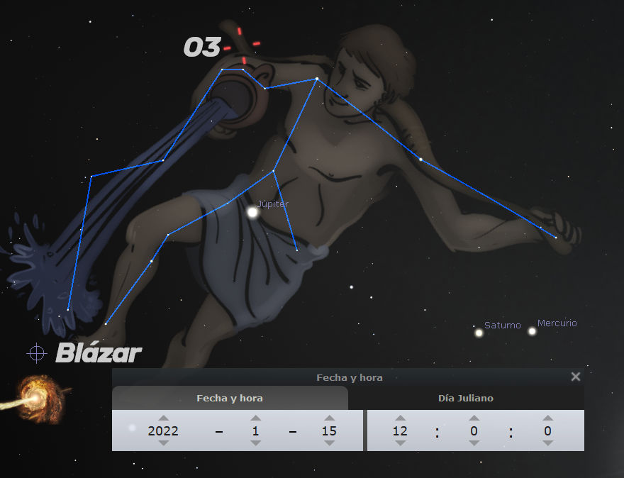 Representación de una constelación del Mazzaroth, ilustrada como un aguador derramando agua, con líneas azules que conectan estrellas para enfatizar su forma. Debajo, una pantalla muestra los planetas identificados como Júpiter, Saturno y Mercurio, con un indicador de fecha fijado para el 15 de enero de 2022.