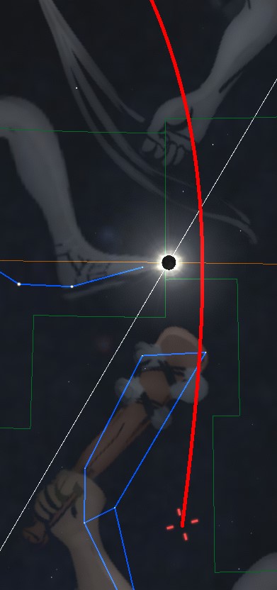 Digital illustration of celestial bodies aligned, depicted in a graphic style. The image features a dark silhouette of a sphere at the center, surrounded by abstract elemental lines and geometric shapes, including a highlighted red curve and blue outlines, against a starry night background.