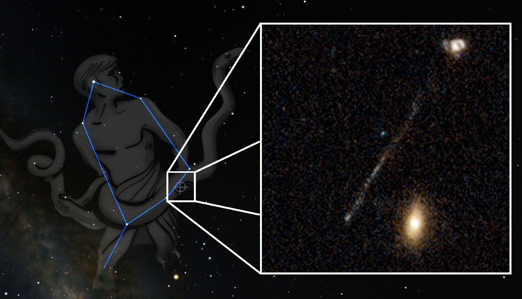 Illustration of a celestial figure representing a Mazzaroth constellation in a dynamic pose outlined by blue lines, set against a starry background. Adjacent to this is a real astronomical photo showing various celestial bodies and light formations suggestive of the same constellation's alleged pattern in the night sky.