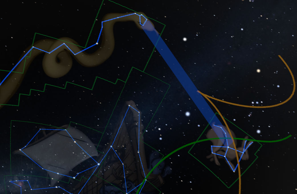 A vivid illustration of the night sky peppered with stars, featuring various outlined constellations connected by lines in different colors, such as green, blue, and yellow. Some outlines resemble architectural symbols and abstract shapes, adding a layer of complexity to the celestial map.