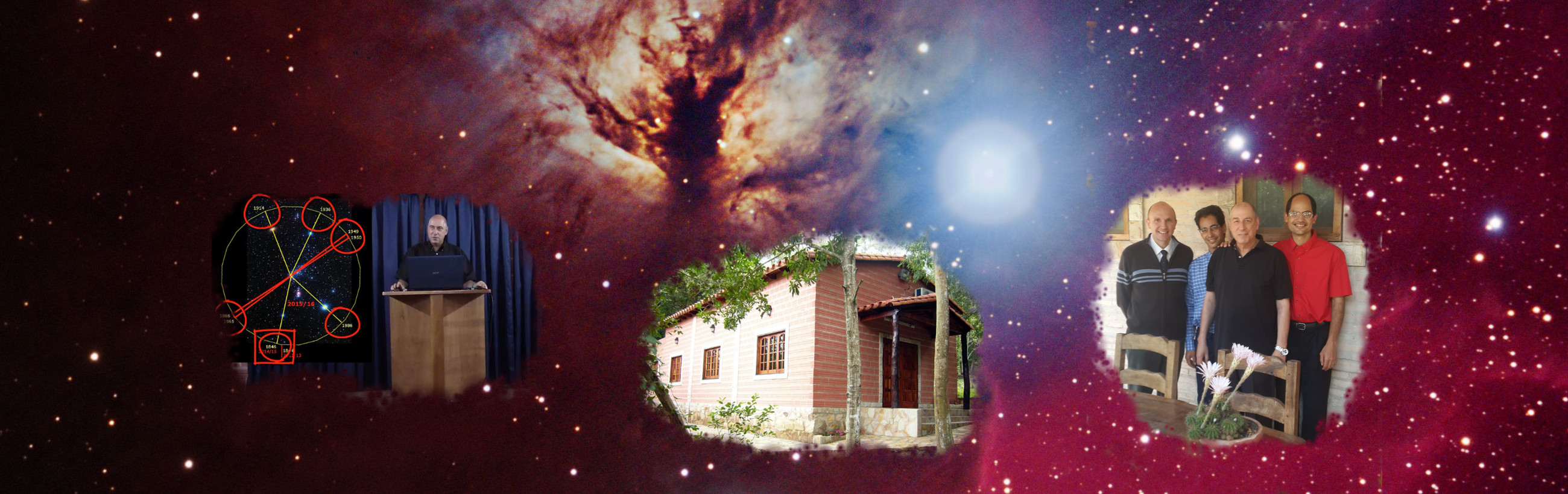 A panoramic image featuring a blend of cosmic and everyday scenes. Beginning with a diagram of celestial coordinates overlapping a deep space image on the left, transitioning to a speaker at a podium set against a nebulous cloud formation in space. The center showcases a cabin surrounded by trees under a bright celestial body, and the right reveals three men posing before a bountiful red star field.