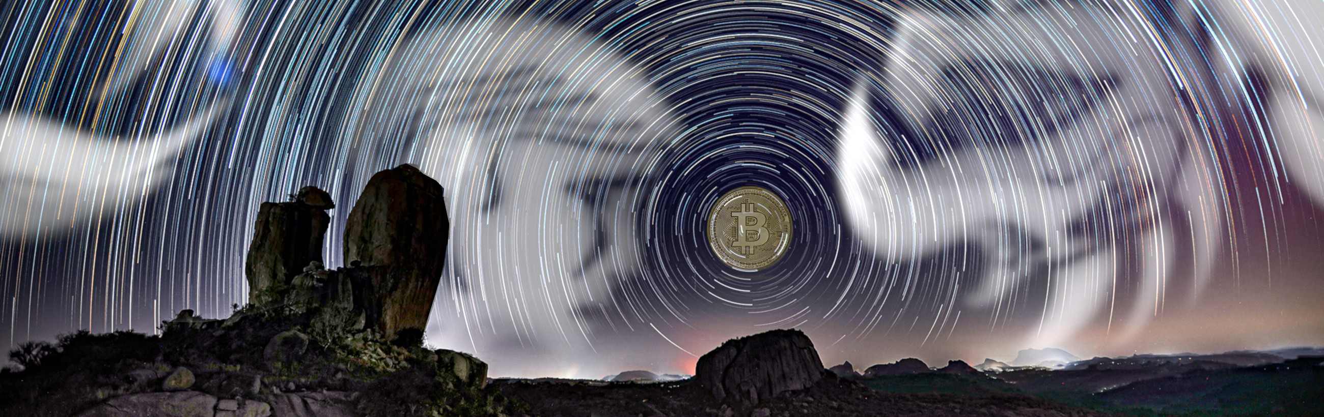 An expansive night sky rotates artistically around a radiant north celestial pole encompassing a luminous image of a digital currency symbol. Below, rough silhouettes of mountains and rocks contrast against the ethereal dance of light above them.