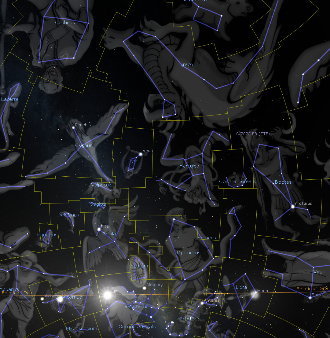 A detailed star map featuring a variety of celestial constellations connected by lines against a dark space background. Notable constellations include Draco, Hercules, and Cygnus among others. Bright stars such as Vega and Arcturus are labeled, alongside visible planets like Mercury and visible solar system bodies such as the Sun and the Moon.