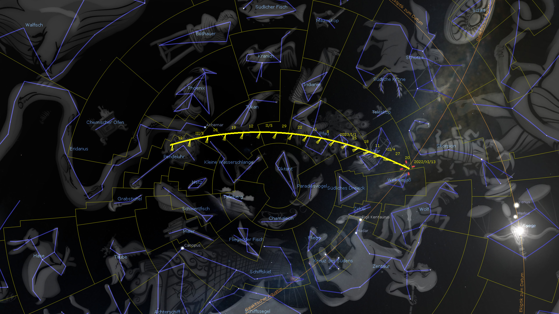 Digitale Darstellung der himmlischen Konstellationen und ihrer Beziehungen zueinander, die auf einem dunklen Hintergrund abgebildet sind. Gelbe Linien verdeutlichen die Bahnen zwischen verschiedenen Sternbildern und markanten Himmelspunkten. Lichtpunkte wie Venus und Merkur sind ebenfalls sichtbar.