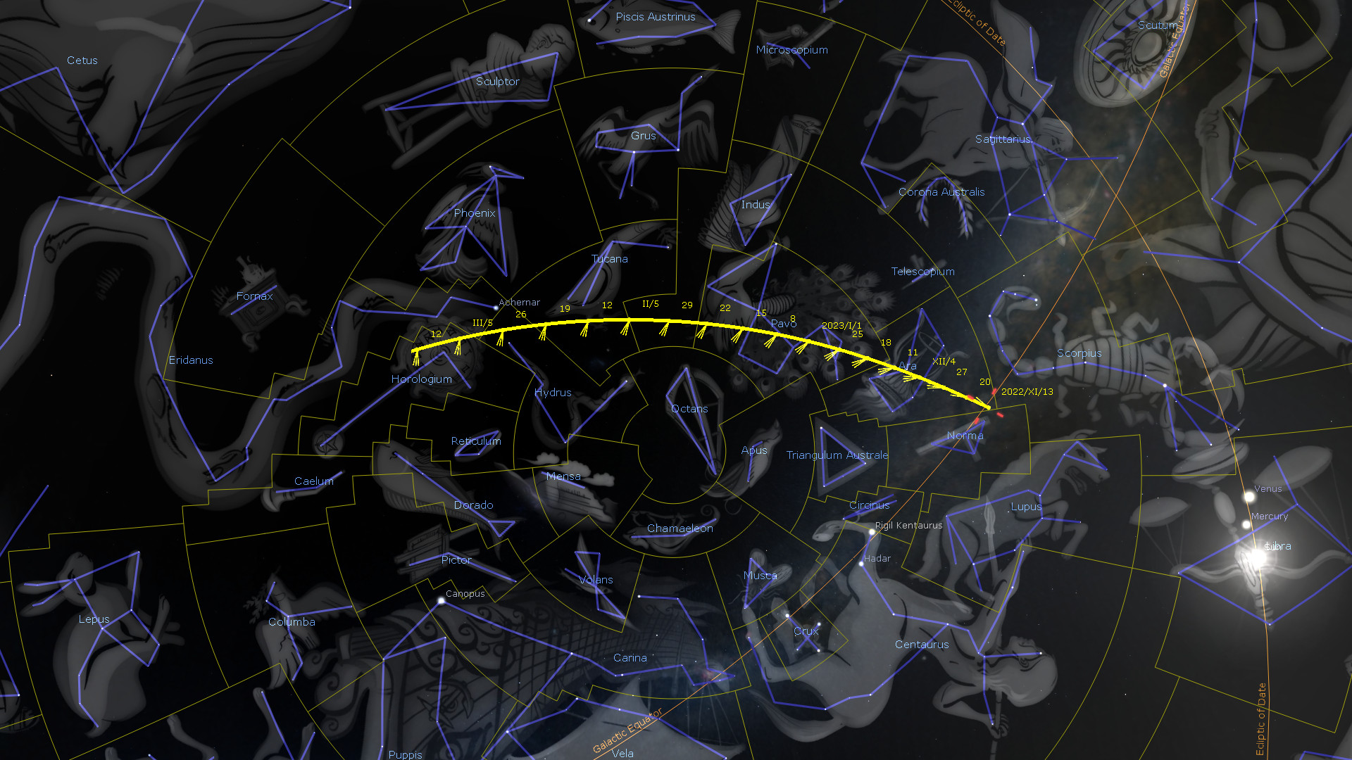 Digital illustration of the night sky filled with constellations, each outlined and labeled with names. A prominent yellow arc traces a path among the constellations, marked with dates and coordinates, over a dark celestial background studded with illuminated representations of planets like Venus and Mercury.