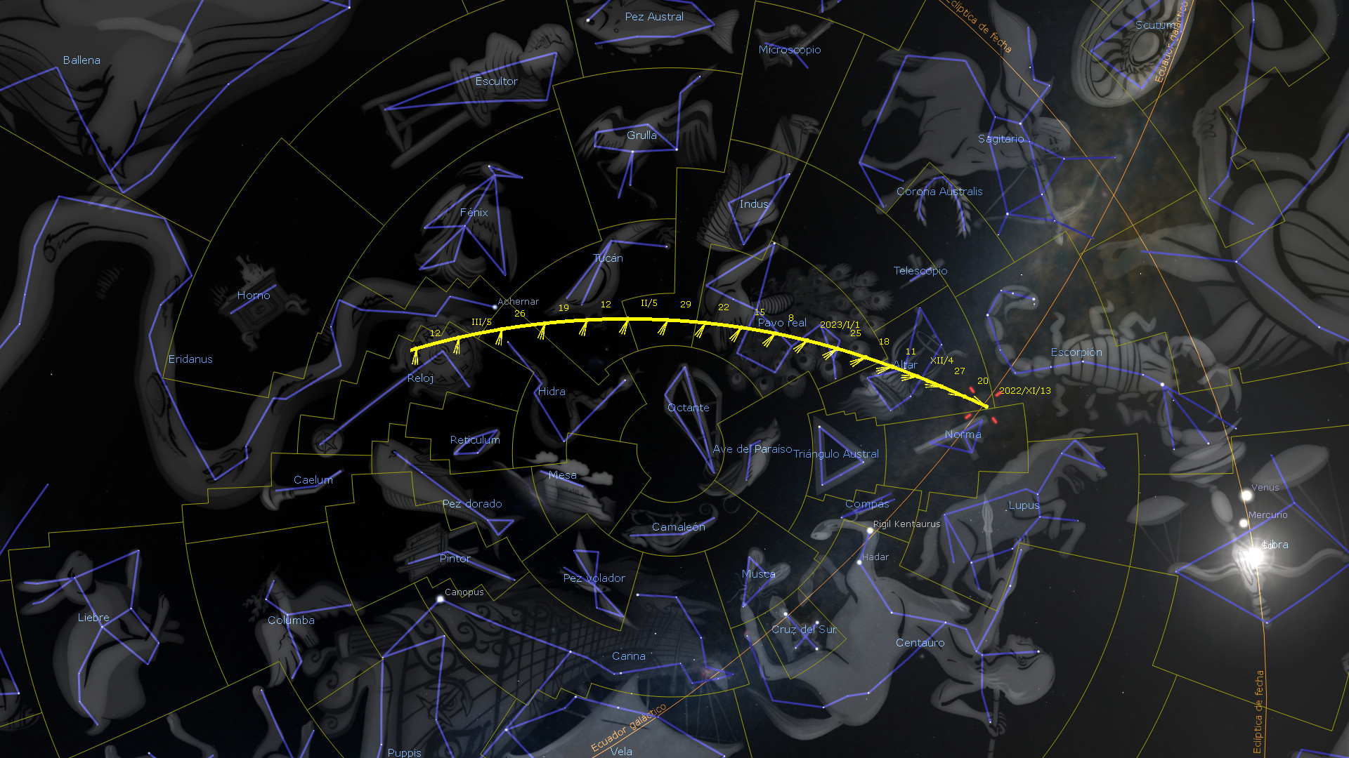 Imagen de una representación estelar que muestra diversas constelaciones con sus nombres en un fondo oscuro. Se incluyen trazos que delinean las formas de cada grupo de estrellas, junto con líneas amarillas que marcan coordenadas específicas entre ellas.