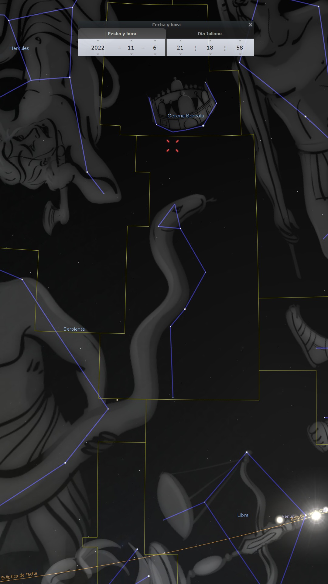 Imagen digital que muestra una representación artística del cielo nocturno con líneas superpuestas que marcan constelaciones, incluidas Corona Borealis y Serpiente, junto a íconos rojos formando una configuración celestial y etiquetas con nombres de otras constelaciones. En la esquina superior izquierda se visualiza un encabezado de fecha y hora indicando "2022 - 11 - 6 21:18:58".
