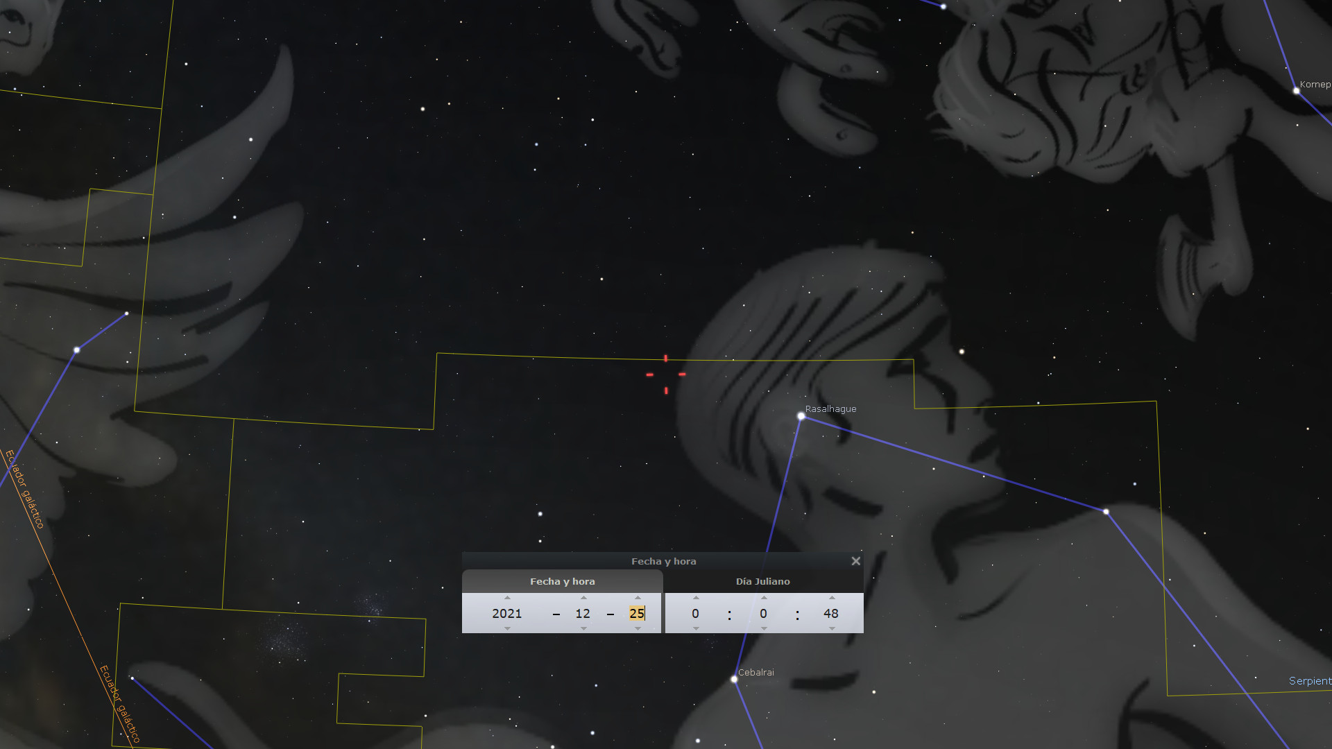 Imagen de un software astronómico mostrando una representación artística superpuesta de una figura masculina asociada con una constelación en el Mazzaroth, junto con anotaciones de estrellas y constelaciones con líneas de conexión azul brillante y marcos amarillos. Se incluye una interfaz de usuario con fecha y hora mostrando el 25 de diciembre de 2021.