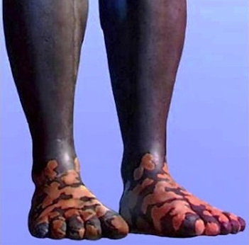 Close-up view of a pair of human legs standing, with the feet painted in varied shades resembling a celestial map, against a light blue background.