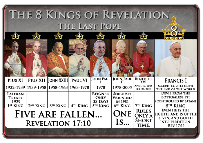 A graphical poster titled "The 8 Kings of Revelation The Last Pope", featuring images of eight Popes labeled with their names, reigns, and significant data points related to biblical prophecy. The top of the poster features numbers representing each Pope with symbols and a crown graphic. The background is black with red and white stylized text citing scripture from Revelation 17:10.