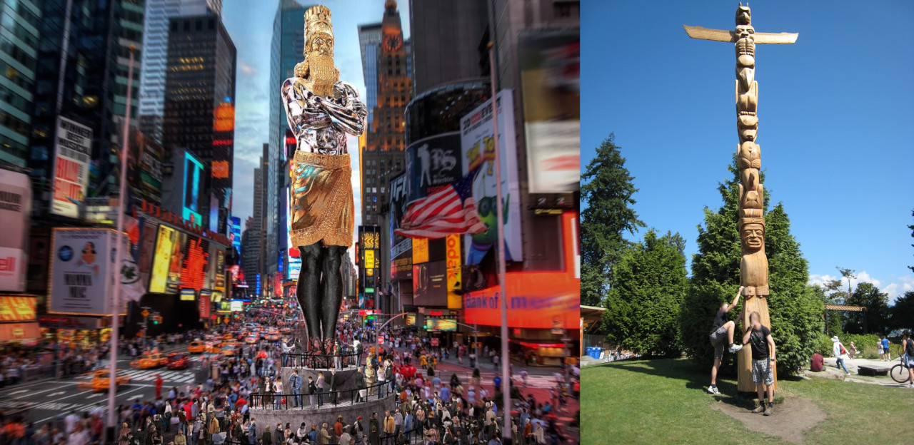 On the left, an intricate statue overlaid onto a bustling urban scene filled with people and neon displays; on the right, a tall wooden totem pole stands against a clear blue sky in a park-like setting with people gathered around its base.