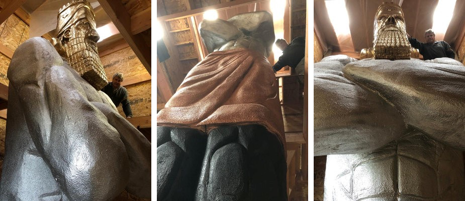 A three-part panoramic image showing a large statue with bull-like features and a human face in a golden headpiece, positioned indoors with a wooden ceiling. The central image highlights a cloaked figure with textured layers, and the right image provides a close-up of the figure’s face and intricate headpiece.