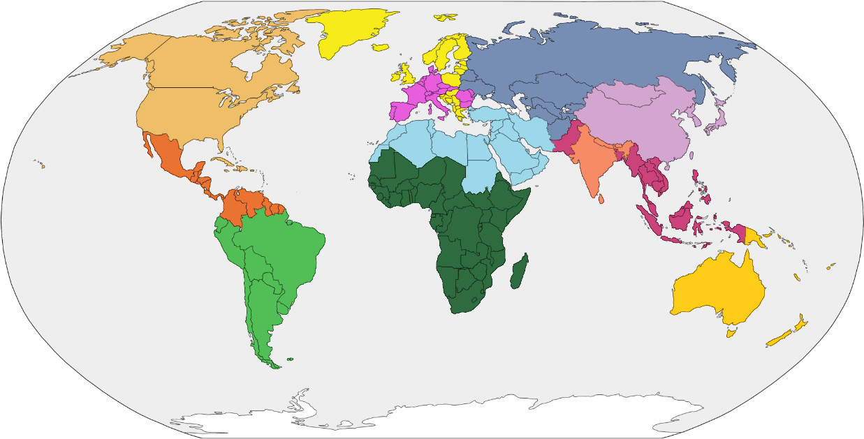 Una proyecci&oacute;n plana y colorida del planeta Tierra muestra varios pa&iacute;ses y continentes en diversos colores. Am&eacute;rica del Norte y del Sur se ven a la izquierda, Europa, &Aacute;frica y partes de Asia en el centro, y Australia, junto con partes de Asia y las islas del Pac&iacute;fico, a la derecha.