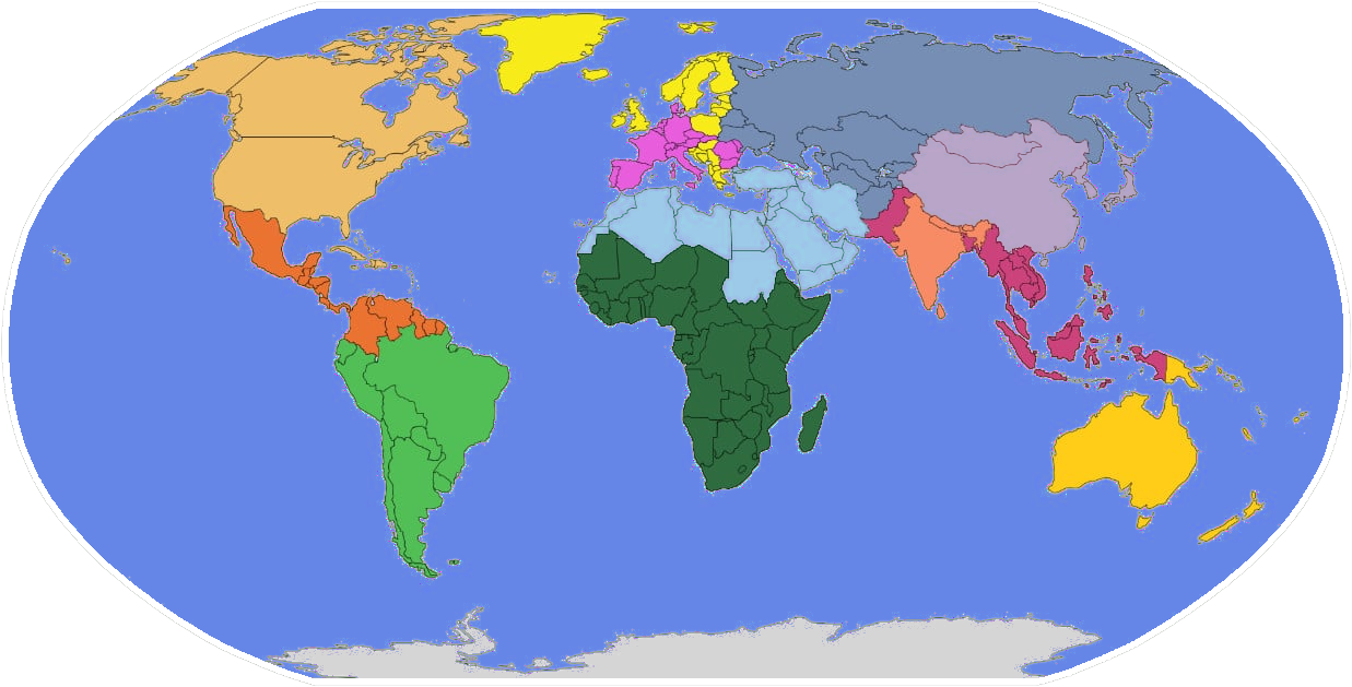 A world map displayed in an oval format, with various regions colored differently. The Americas are shaded in orange and green, Europe in shades of purple and pink, Africa in dark green and light blue, and Asia in shades of dark red, light blue, and purple. Australia is shown in yellow. The map may represent different cultural or geographical categories.