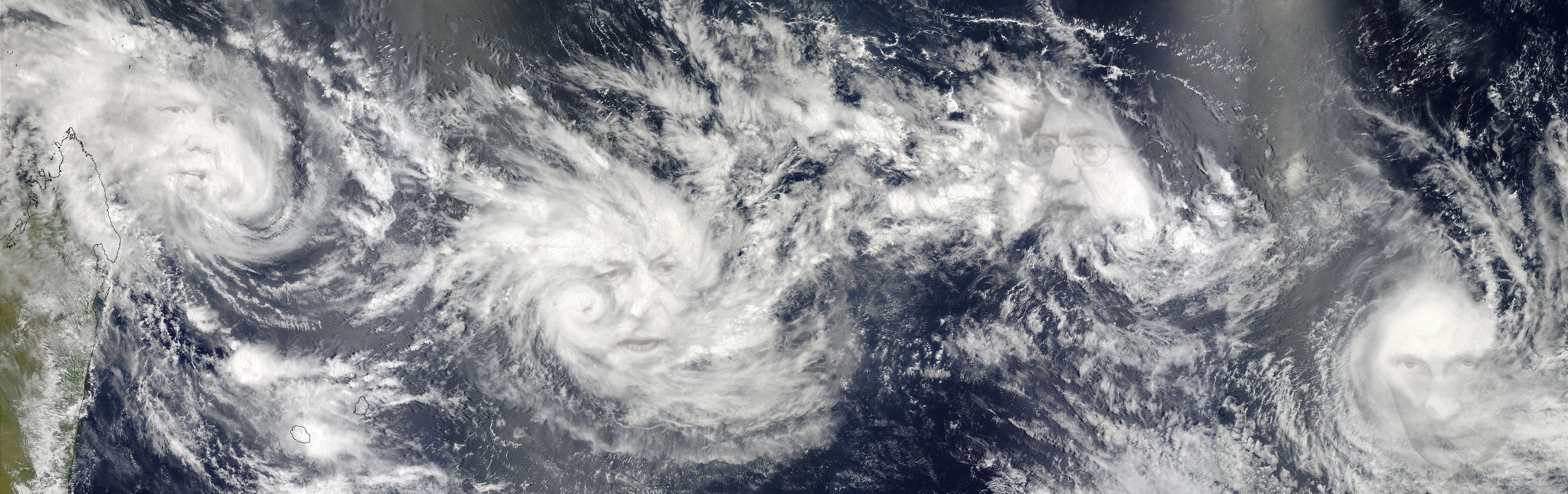 Aerial view of several swirling cloud formations over the Earth's surface, each cloud formation possessing the appearance of a human face. The ambient interplay between natural atmospheric phenomena and perceived facial imagery invokes a sense of the Mazzaroth manifesting through meteorological patterns.